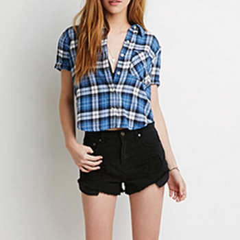 Wholesale Blue White and Black Check Crop Top Manufacturer