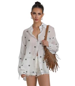 Women White Linen With Black Print Shirt Vendor