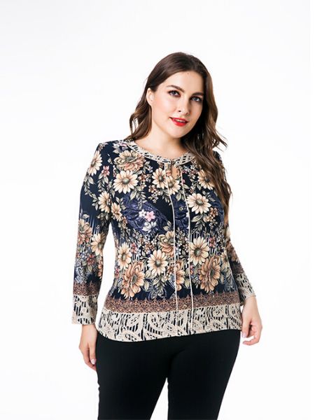 bulk floral printed plus size top with neckline strings