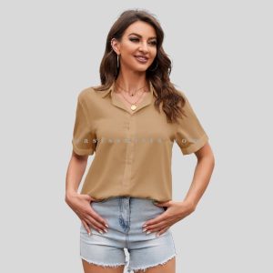 brown chiffon shirt with denim shorts supplier