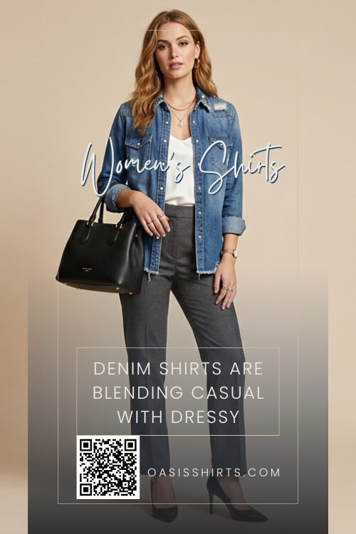 Woman wearing a denim shirt with tailored trousers for a refined casual outfit. Woman wearing a denim shirt with tailored trousers for a refined casual outfit.