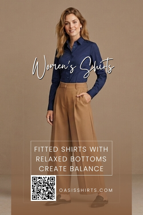 Woman wearing a fitted shirt paired with relaxed-fit trousers for a balanced casual look. Woman wearing a fitted shirt paired with relaxed-fit trousers for a balanced casual look.