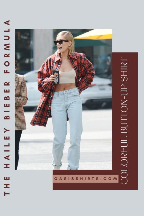 Hailey Bieber-inspired cherry red button-up shirt look Hailey Bieber-inspired cherry red button-up shirt look