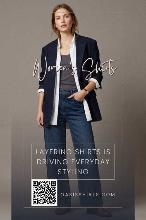 Women's shirt layered over a tank top with a blazer for a versatile casual outfit. Women's shirt layered over a tank top with a blazer for a versatile casual outfit.
