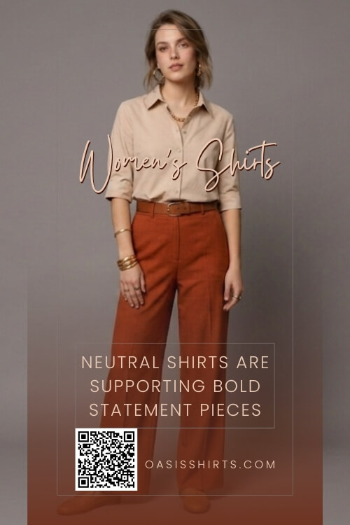 Neutral women's shirt paired with bold accessories and colorful fashion elements. Neutral women's shirt paired with bold accessories and colorful fashion elements.