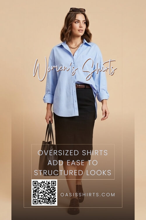 Model styling an oversized shirt with fitted bottoms for a modern casual outfit. Model styling an oversized shirt with fitted bottoms for a modern casual outfit.