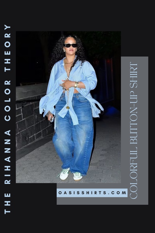 Rihanna-inspired oversized colorful button-up shirt look Rihanna-inspired oversized colorful button-up shirt look