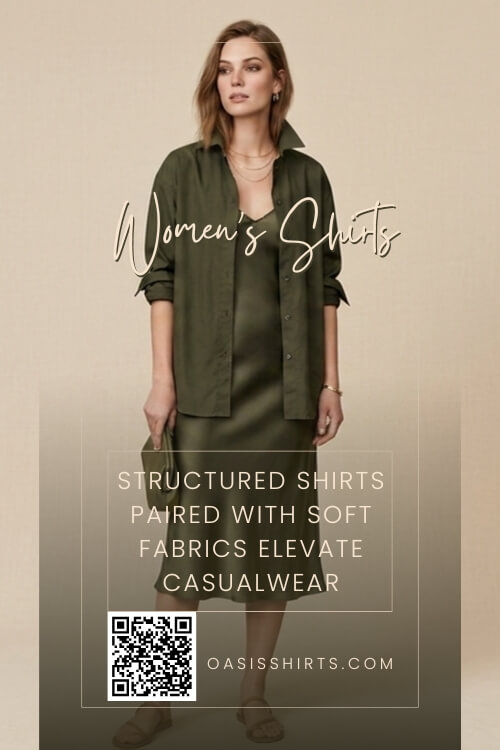 Crisp women's shirt paired with a flowing satin skirt for a smart contrast look. Crisp women's shirt paired with a flowing satin skirt for a smart contrast look.