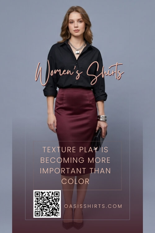 Matte cotton shirt styled with textured fabrics and modern accessories. Matte cotton shirt styled with textured fabrics and modern accessories.