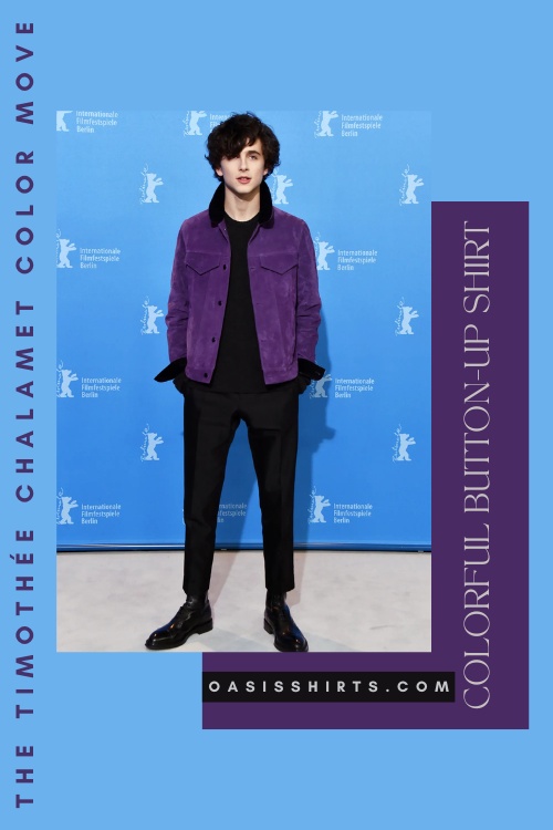 Timothée Chalamet-inspired lavender button-up shirt look Timothée Chalamet-inspired lavender button-up shirt look