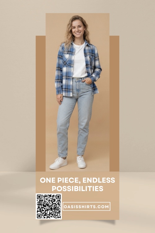 Blue checked shirt styled in multiple ways Blue checked shirt styled in multiple ways