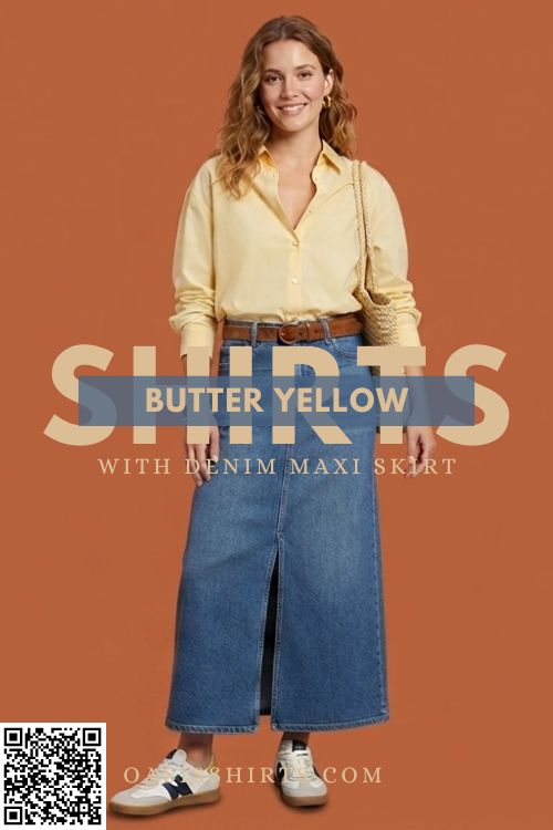 Butter yellow shirt and denim skirt Butter yellow shirt and denim skirt